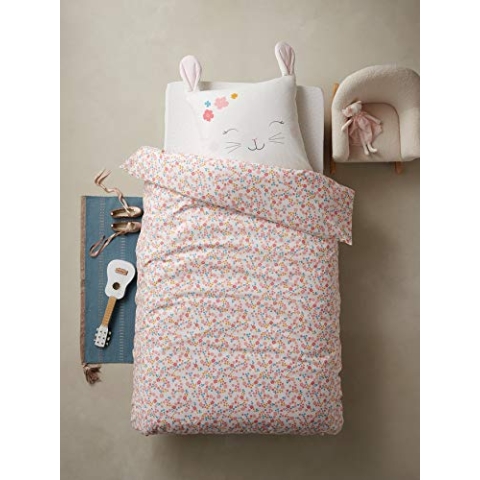 VERTBAUDET Kinder Bettwäsche-Set „Blumenhase“ Oeko-Tex wollweiß/rosa 140X200 63X63