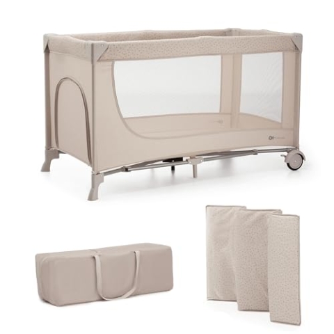 Kinderkraft JOY 2 Kinderbett, 2 in 1 Kinderreisebett, Babybetten, Kinderbett, Reisebett, Modernes Design, Kleine Abmessungen nach Zusammenklappe, Räder, Beige