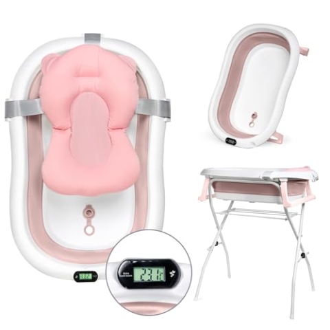 moovkee. Babybadewanne mit Gestell 80cm - Baby Badewanne Faltbar mit Thermometer und Badekissen - Babywanne mit Ständer Sicher für Ihr Baby - Babybadewanne Neugeborene