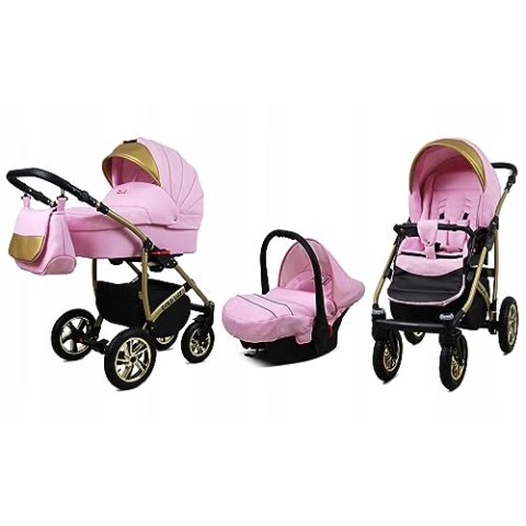 BabyLux® Bambimo Kinderwagen Set 3 in 1 - Gold Lux - incl. Babywanne, Buggy Sportsitz, Auto-Babyschale - Autositz - Kinderwagenset - Kombikinderwagen mit Wickeltasche, Regenschutz usw.