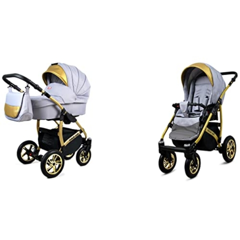 BabyLux® Bambimo Kinderwagen Set 2 in 1 - Gold Lux - incl. Babywanne, Buggy Sportsitz - Kinderwagenset - Kombikinderwagen mit Wickeltasche, Regenschutz, Moskitonetz, Cupholder usw.