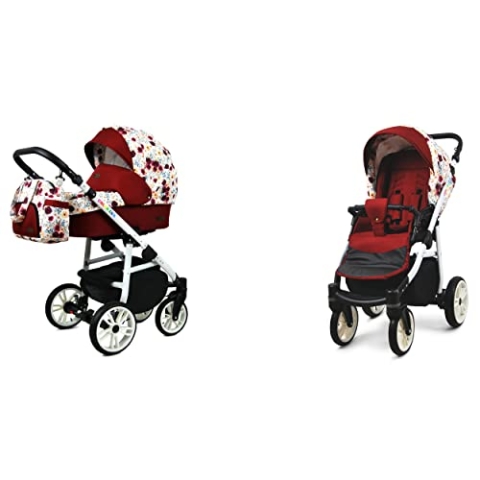 BabyLux Color Lux 2-in-1 Baby Kinderwagen Tief und Kinderwagen mit Zubehör Verstellbar und faltbar Aluminiumkonstruktion Wasserdichte Nicht abnehmbare Räder Meadow Flowers On White White Frame