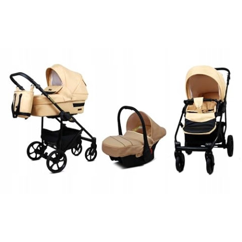 BabyLux® Kinderwagen Set 3 in 1 - Trailux - Beige - incl. Babywanne, Buggy Sportsitz, Auto-Babyschale - Autositz - Kinderwagenset - Kombikinderwagen mit Wickeltasche, Regenschutz usw.