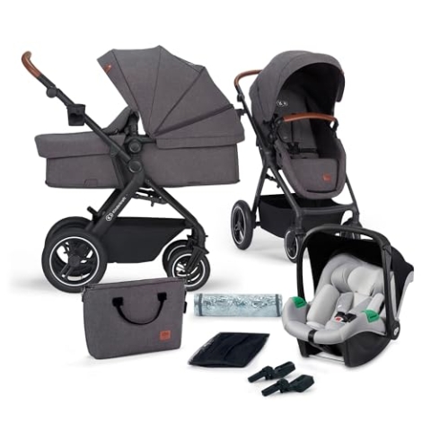 Kinderkraft B-TOUR Kombikinderwagenset 3 in 1 komplettset, Kinderwagen bis 22 kg mit Kindersitz I-SIZE 40-75 cm, großen XL-Sitz, wasserdichtes Verdeck mit UPF50+ Filter, Grau
