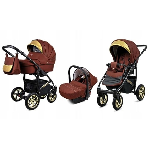 BabyLux® Bambimo Kinderwagen Set 3 in 1 - Gold Lux - incl. Babywanne, Buggy Sportsitz, Auto-Babyschale - Autositz - Kinderwagenset - Kombikinderwagen mit Wickeltasche, Regenschutz usw.