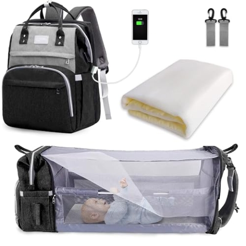 SNDMOR Wickeltasche Rucksack, wickelrucksack mit bettfunktion Großer, Multifunktionale Diaper Bag Mit Wickelunterlage, Kinderwagen-Haken, Geeignet für Mama und Papa