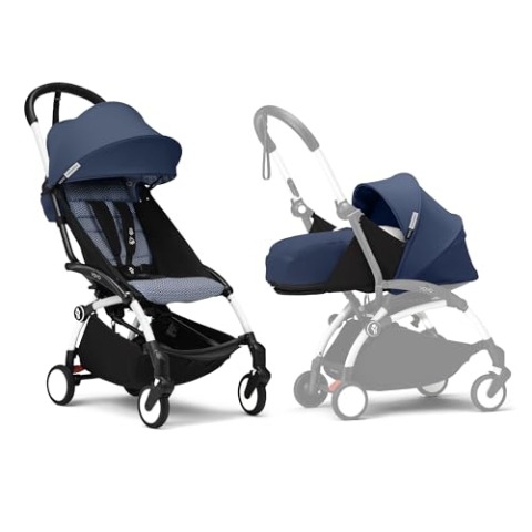 Stokke YOYO3 Kinderwagen mit Neugeborenen Set - Enthält weißem Rahmen, YOYO 6 + Textilset (Air France Blue) & 0 + Neugeborenen Set (Air France Blue)