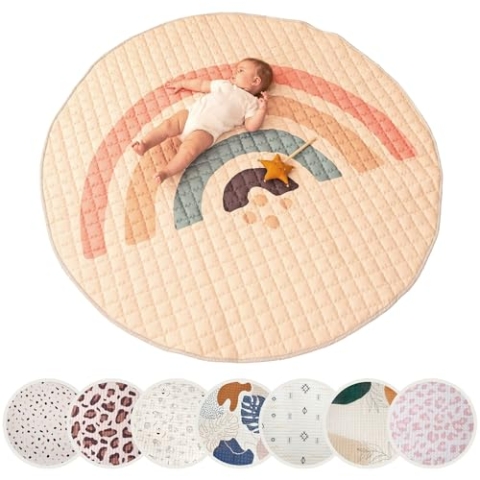 Gesteppte Krabbeldecke Baby 150cm, Regenbogen – extra dicke 1,5cm weiche Baby Krabbelmatte – Baby Spielmatte mit rutschfester Unterseite zum Krabbeln, Laufgitter – maschinenwaschbare Baby Spieldecke
