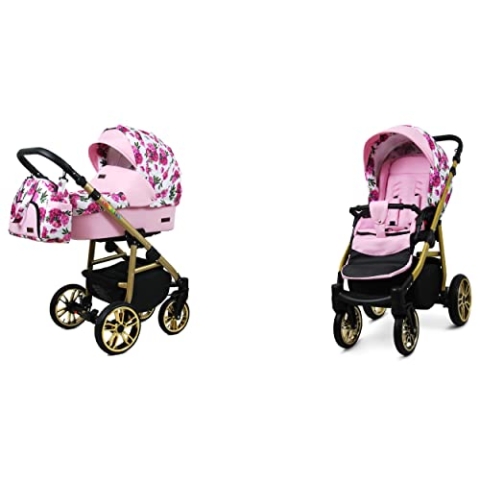 BabyLux Color Lux 2-in-1 Baby Kinderwagen Tief und Kinderwagen mit Zubehör Verstellbar und faltbar Aluminiumkonstruktion Wasserdichte Nicht abnehmbare Räder Bouquets Peony On White Gold Frame