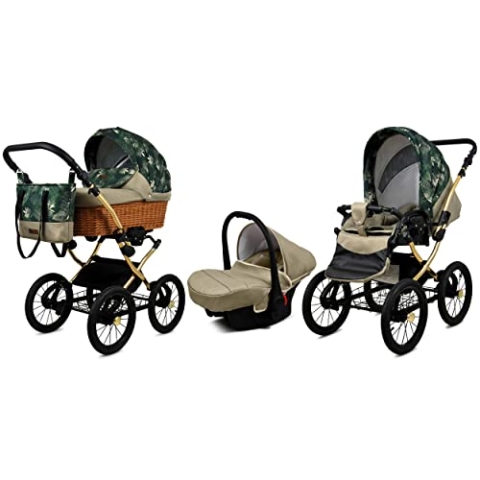 BabyLux Kinderwagen 3in1 mit Autositz für Kleinkinder – Kinderwagen für Neugeborene und Kleinkinder –– Baby Neugeborenen Kinderwagen – 59x105x125cm – Max 15kg – Fern Leaf Gold Frame