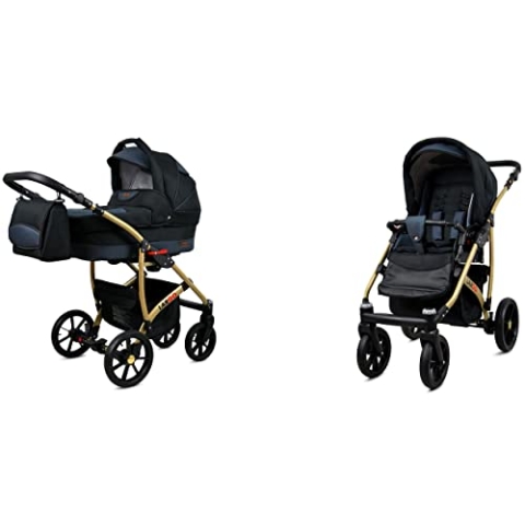 BabyLux Largo 2-in-1 Baby Kinderwagen Tief und Kinderwagen mit Zubehör Verstellbar und faltbar Aluminiumkonstruktion Wasserdicht Nicht abnehmbare Räder Black Magenta Gold Frame
