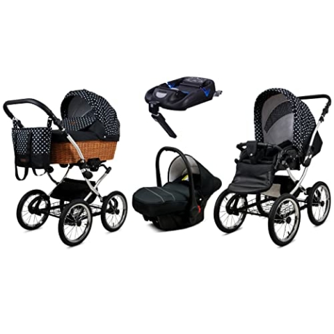 BabyLux Kinderwagen 4in1 mit Autositz für Kleinkinder – Kinderwagen für Neugeborene und Kleinkinder –– Baby Neugeborenen Kinderwagen – ISOFIX Autositzbasis – Max 15kg – White Dots Silver Frame