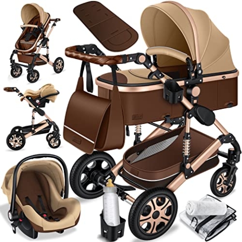 KESSER® Loops 3 in 1 Kinderwagen Kombikinderwagen Komplett-Set inkl. Babywanne & Buggy Sportsitz & Auto-Babyschale Voll-Gummireifen Wickeltasche Regenschutz Kindertisch ECE R129, Braun/Champagne