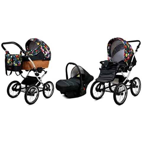 BabyLux Kinderwagen 3in1 mit Autositz für Kleinkinder – Kinderwagen für Neugeborene und Kleinkinder –– Baby Neugeborenen Kinderwagen – 59x105x125cm – Max 15kg – Garden Flowers Silver Frame
