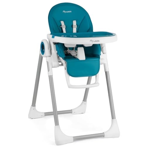NUKIDO BELO Premium - Babyhochstuhl mit Gurt und Abnehmbarem Tablett - Klappbarer Fütterungsstuhl mit Liegefunktion und Rollen - Mitwachsender - von 6 bis 36 Lebensmonat - 120 x 56 x 75 - Blau