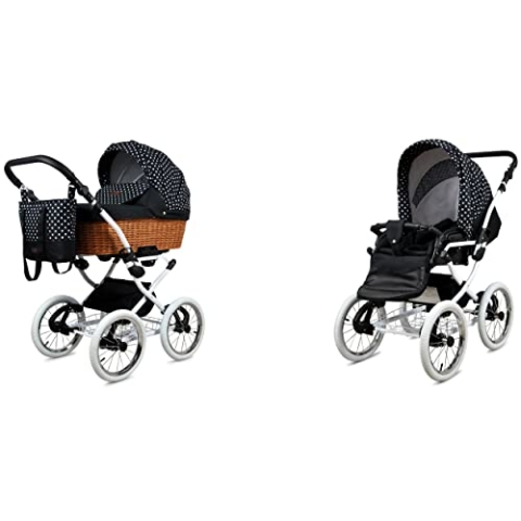 BabyLux ALU 2in1 Kinderwagen für Kleinkinder – Kinderwagen für Neugeborene und Kleinkinder – Baby Neugeborenen Kinderwagen – 59x105x125cm – Max. 15kg – White Dots White Frame