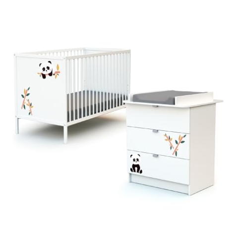 WEBABY – Duo aus weißem Panda-Babybett und Kommode ALBA | 60x120 Bett | Verstellbarer Lattenrost in 3 Höhen | Kommode mit 3 Schubladen | Abnehmbarer Wickeltisch inklusive