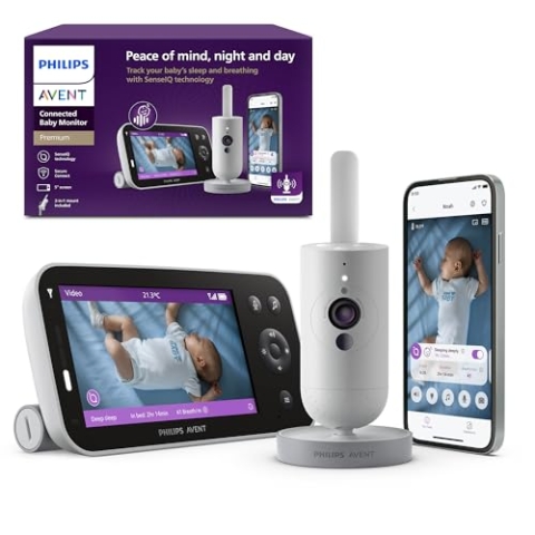 PHILIPS Avent Premium Connected Videophone, das bisher beste Babyphone von Avent, Schlaf- und Atmungs-Tracking mit KI, Schrei-Interpretation, kristallklares Bild bei Tag und Nacht, SCD973/26
