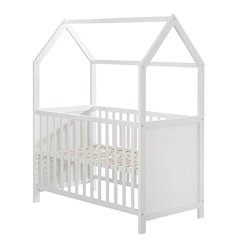 roba Hausbett 60 x 120 cm - FSC zertifiziert - Babybett & Beistellbett für Kinder in Hausoptik - 6-fach höhenverstellbar - Weiß