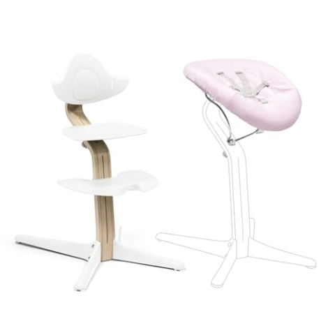 Stokke Nomi Stuhl (White) mit Newborn Set (White/Grey Pink) - Inklusive 5-Punkt-Sicherheitsgurt und wendbarem, waschbarem Textilset - Bis 150 kg belastbar