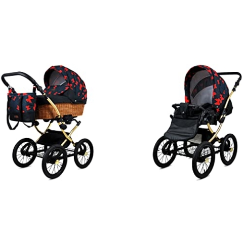 BabyLux ALU 2in1 Kinderwagen für Kleinkinder – Kinderwagen für Neugeborene und Kleinkinder – Baby Neugeborenen Kinderwagen – 59x105x125cm – Max. 15kg – Red Bow Gold Frame