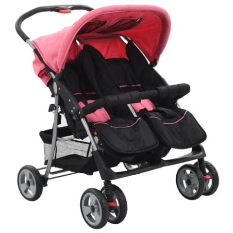 vidaXL Zwillingswagen Kinderwagen Geschwisterwagen Zwillingsbuggy Baby Kleinkinder Rosa Schwarz Stahl 6-36 Monate Nebeneinander Klappbar