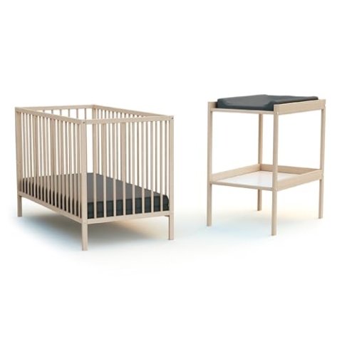 WEBABY - Babybett und Wickeltisch Duo Buche roh| Bettmaße: 124 x 64,5 x 82 cm | 3-fach verstellbarer Lattenrost | Abmessungen Wickeltisch 74 x 54 x 88 cm