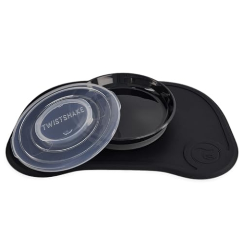 Twistshake Click-Mat + Platte | Anti-Rutsch-Geschirrset für Babys | Babyteller + Baby-Tischset (38x25) | BPA-freier Baby-Entwöhnungsteller | Essenstrainingsplatte für Kinder ab 6 Monaten | Schwarz