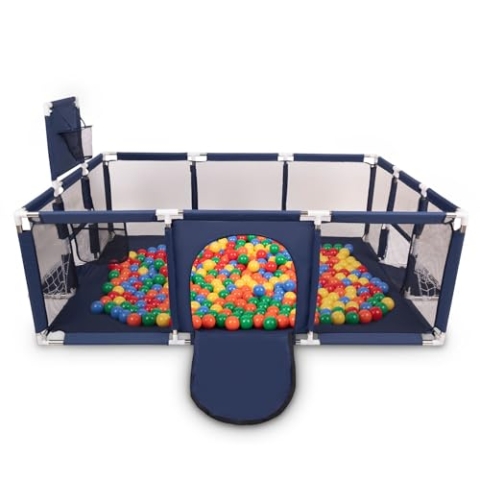 Selonis Laufstall Baby Großer Spielplatz Mit 200 Bälle Laufgitter Für Kinder, Dunkelblau:Gelb/Grün/Blau/Rot/Orange