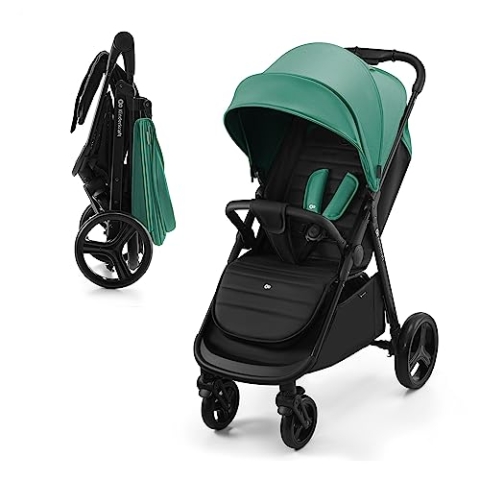 Kinderkraft RINE Buggy bis 22 kg, Kinderwagen, Mit einer Hand zusammenklappbar, wasserfestes Verdeck mit UPF50+ Filter, liegende Position, Getränkehalter im set, Grün