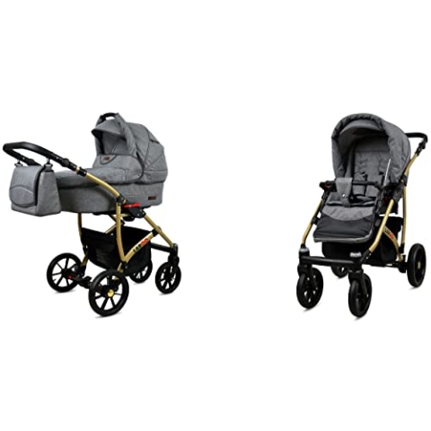 BabyLux Largo 2-in-1 Baby Kinderwagen Tief und Kinderwagen mit Zubehör Verstellbar und faltbar Aluminiumkonstruktion Wasserdicht Nicht abnehmbare Räder Grey Flex Gold Frame
