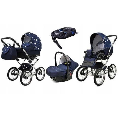 BabyLux® Kinderwagen Set 4 in 1 - Margaret Exclusive - incl. Babywanne, Buggy Sportsitz, Auto-Babyschale, ISOFIX-Basisstation - Autositz - Kinderwagenset - Kombikinderwagen mit Wickeltasche usw.