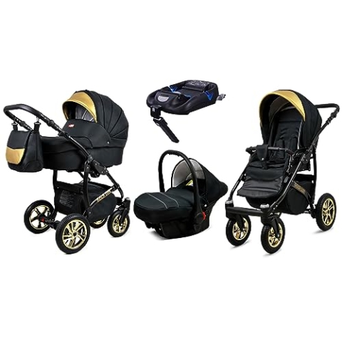 BabyLux® Kinderwagen Set 4 in 1 - Gold Lux - incl. Babywanne, Buggy Sportsitz, Auto-Babyschale, ISOFIX-Basisstation - Autositz - Kinderwagenset - Kombikinderwagen mit Wickeltasche usw.