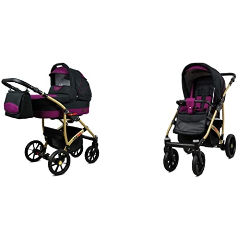 BabyLux Largo 2-in-1 Baby Kinderwagen Tief und Kinderwagen mit Zubehör Verstellbar und faltbar Aluminiumkonstruktion Wasserdicht Nicht abnehmbare Räder Black Red Gold Frame