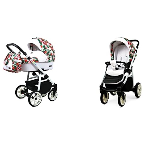 BabyLux Color Lux 2-in-1 Baby Kinderwagen Tief und Kinderwagen mit Zubehör Verstellbar und faltbar Aluminiumkonstruktion Wasserdichte Nicht abnehmbare Räder Small Roses White Frame