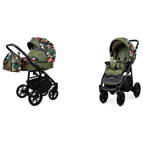 BabyLux Color Lux 2-in-1 Baby Kinderwagen Tief und Kinderwagen mit Zubehör Verstellbar und faltbar Aluminiumkonstruktion Wasserdichte Nicht abnehmbare Räder Roses With Tulips On Black Black Frame