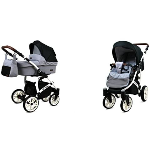 BabyLux Optimal 2-in-1 Baby Kinderwagen Tief und Kinderwagen mit Zubehör Verstellbar und faltbar Aluminium Konstruktion Wasserdicht Nicht abnehmbare Räder Silver Flex White Frame