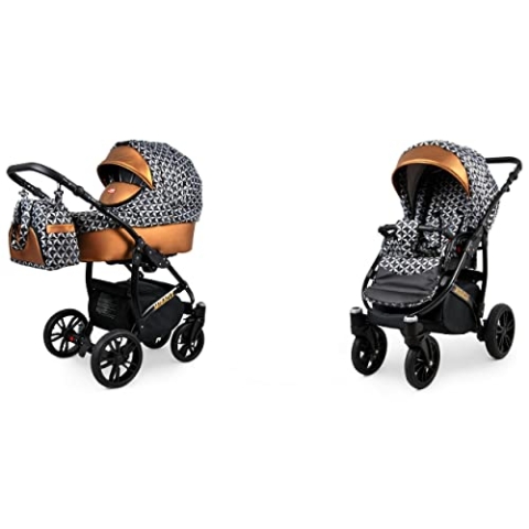 BabyLux Miracle 2-in-1 Baby Kinderwagen Tief und Kinderwagen mit Zubehör Verstellbar und faltbar Aluminium Konstruktion Wasserdicht Nicht abnehmbare Räder Black Deluxe