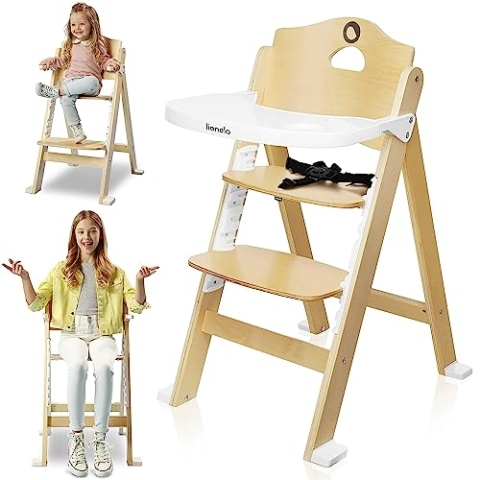 LIONELO Floris 3-in-1 Kinderstuhl aus Holz, hochverstellbarer Stuhl, abnehmbares Tablett, von 6 bis 36 Monate/bis 12 Jahre, 5-Punkt-Sicherheitsgurte, Belastbarkeit bis 15 kg / 40 kg (Natural)