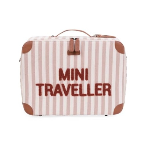 CHILDHOME, Kinderkoffer, Reisekoffer, Kabinenformat, Handgepäck, Kompakt, Stabil, Henkel für Einfachen Transport, Namensetikett, Design, Kunstleder, Gemischter, Mini Traveller, Terracotta-Streifen