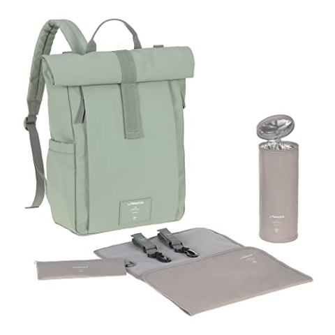LÄSSIG Baby Wickelrucksack Wickeltasche Rucksack mit Wickelunterlage, Kinderwagenbefestigung, Flaschenhalter nachhaltig produziert/GRE Rolltop Up Backpack silver green