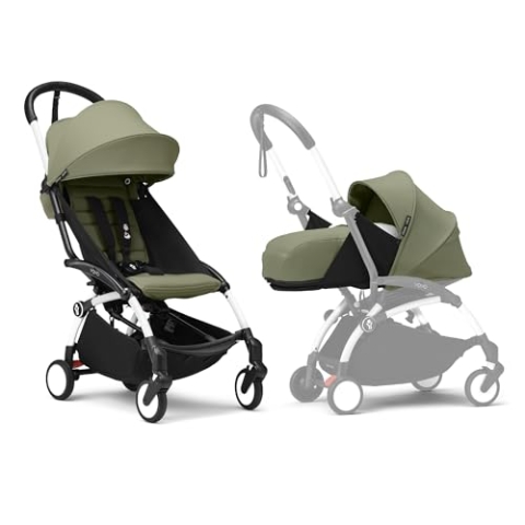Stokke YOYO3 Kinderwagen mit Neugeborenen Set - Enthält weißem Rahmen, YOYO 6 + Textilset (Olive) & 0 + Neugeborenen Set (Olive)