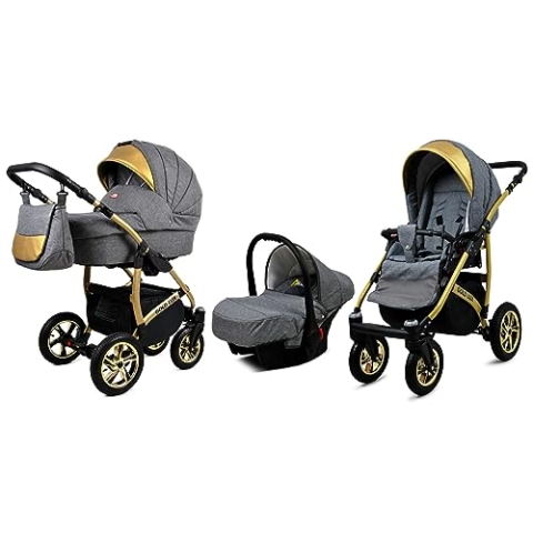 BabyLux® Bambimo Kinderwagen Set 3 in 1 - Gold Lux - incl. Babywanne, Buggy Sportsitz, Auto-Babyschale - Autositz - Kinderwagenset - Kombikinderwagen mit Wickeltasche, Regenschutz usw.