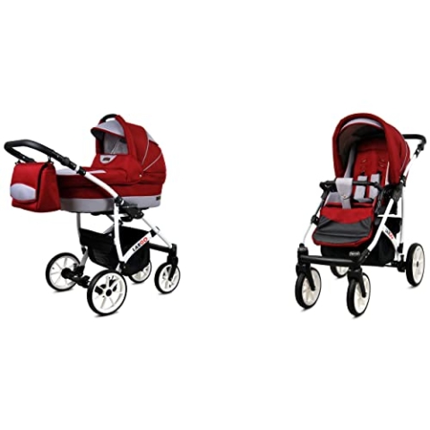 BabyLux Largo 2-in-1 Baby Kinderwagen Tief und Kinderwagen mit Zubehör Verstellbar und faltbar Aluminiumkonstruktion Wasserdicht Nicht abnehmbare Räder Chili Silver White Frame
