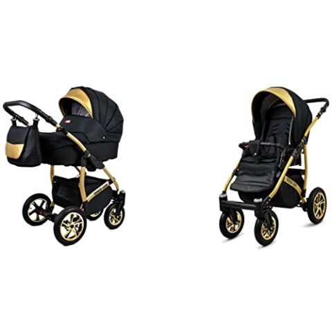 BabyLux Gold Lux 2-in-1 Baby Kinderwagen Tief und Kinderwagen mit Zubehör Verstellbar und faltbar Aluminium Konstruktion Wasserdicht Nicht abnehmbare Räder Onyx Gold Frame