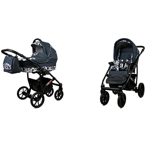 BabyLux Largo 2-in-1 Baby Kinderwagen Tief und Kinderwagen mit Zubehör Verstellbar und faltbar Aluminiumkonstruktion Wasserdicht Nicht abnehmbare Räder Grey Light Pink Black Frame