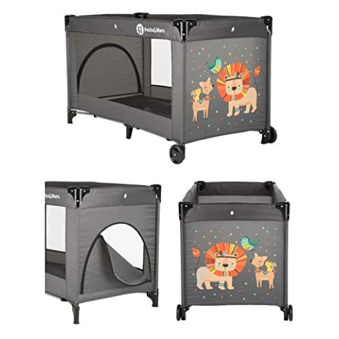 PM Petite&Mars Kinderreisebett KOOT * 120x60 * Babybetten, Kinderbett, Reisebett * Räder, tragbar, faltbar, Tasche * Modernes Design (Lion Grey)
