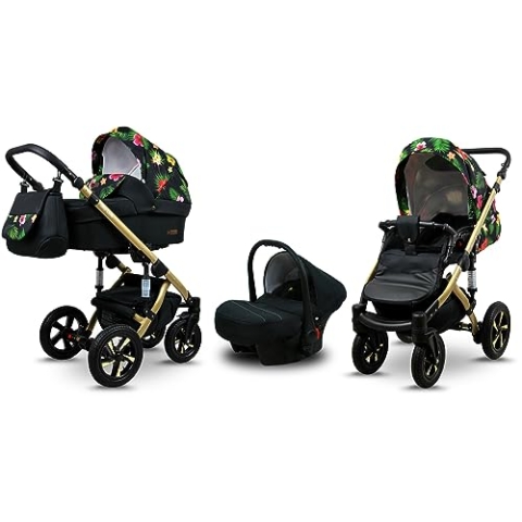 BabyLux® Bambimo Kinderwagen Set 3 in 1 - Sky Lark - incl. Babywanne, Buggy Sportsitz, Auto-Babyschale - Autositz - Kinderwagenset - Kombikinderwagen mit Wickeltasche, Regenschutz usw.