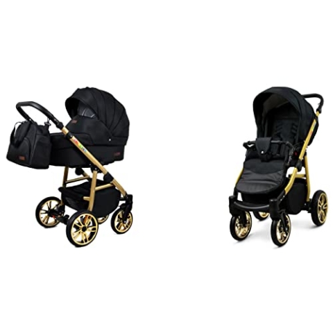 BabyLux Color Lux 2-in-1 Baby Kinderwagen Tief und Kinderwagen mit Zubehör Verstellbar und faltbar Aluminiumkonstruktion Wasserdichte Nicht abnehmbare Räder Onyx Gold Frame
