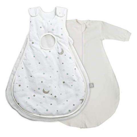 roba Babyschlafsack 56/62 cm Air PLUS Sternenzauber + Strampelsack mit Ärmeln - safe asleep - Schlafsack ganzjährig für Neugeborene - Weiß mit Stern Motiv